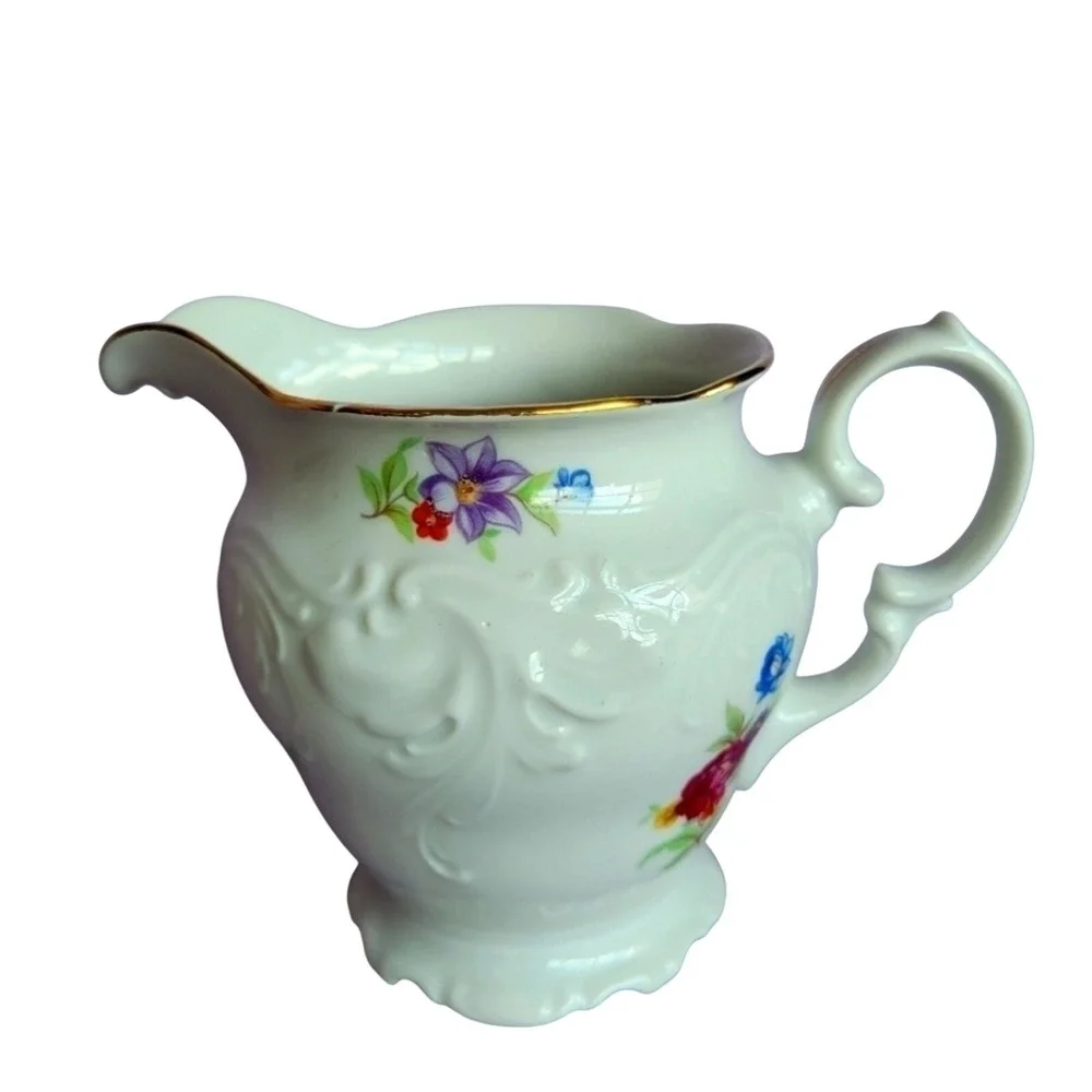 Walbrzych Poland White Embossed Floral Gold Rim‎ Creamer Cottage Vtg Tea Party